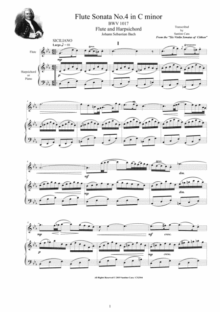Bach - Flute Sonata No.4 in C minor BWV 1017 for Flute and Harpsichord (or Piano) (arr. Santino Cara)