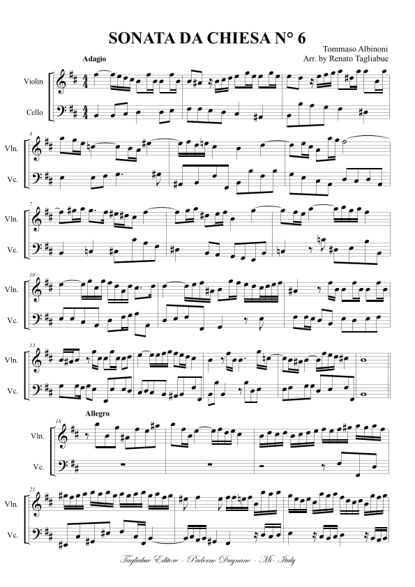 Albinoni - SONATA DA CHIESA N. 6 Arr. for Violin and Cello (arr. Renato Tagliabue)