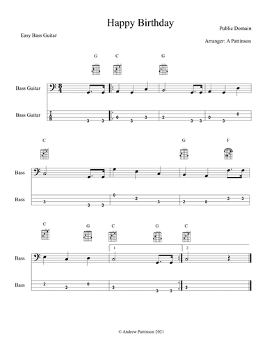 Happy Birthday for Easy Bass Guitar (arr. Andrew Pattinson)
