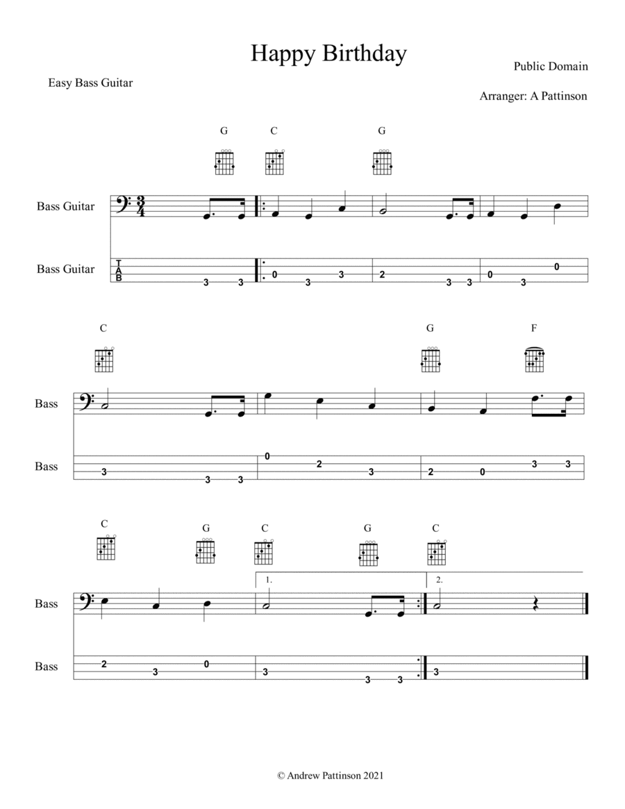 Happy Birthday for Easy Bass Guitar (arr. Andrew Pattinson)