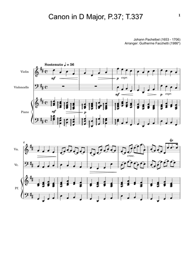 Canon in D Major, P.37; T.337. Arranged for Violin, Violoncello and Piano. Score and Parts (arr. Guilherme Facchetti)