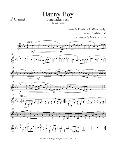 Danny Boy (Clarinet Quintet [Eb Bb(2) B. Cl. & Cb. Cl.]) Bb Clarinet 1 part (arr. Nick Raspa)