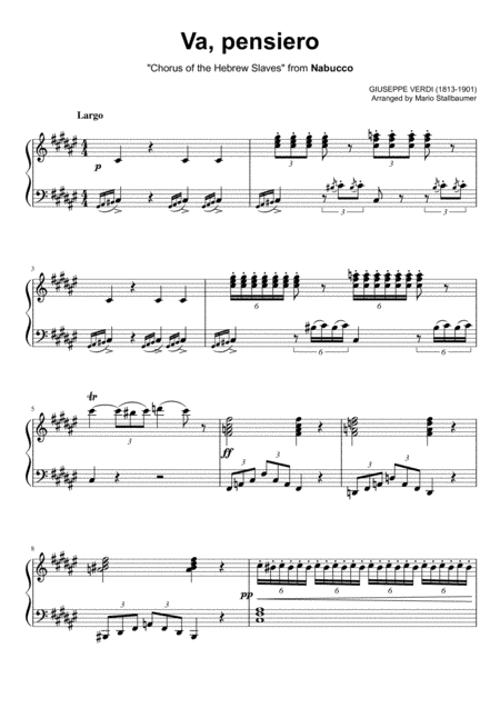 Va, pensiero (Chorus of the Hebrew Slaves) - Piano Solo (Original Key) (arr. Mario Stallbaumer)