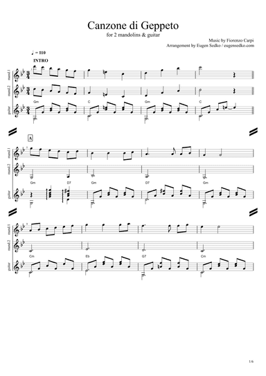 Tema (Canzone) di Geppeto, 2 mandolins & guitar arrangement score - Score Only (arr. Eugen Sedko)