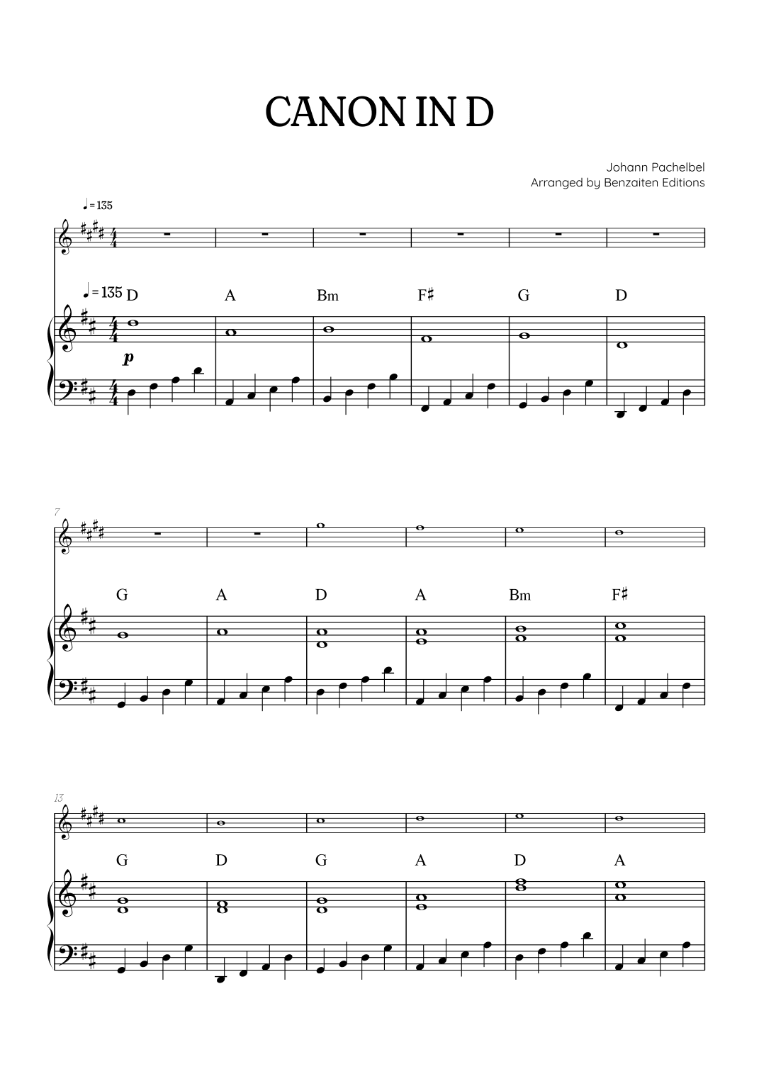 Pachelbel Canon in D • trumpet sheet music with piano accompaniment and chords (arr. Benzaiten Editions)