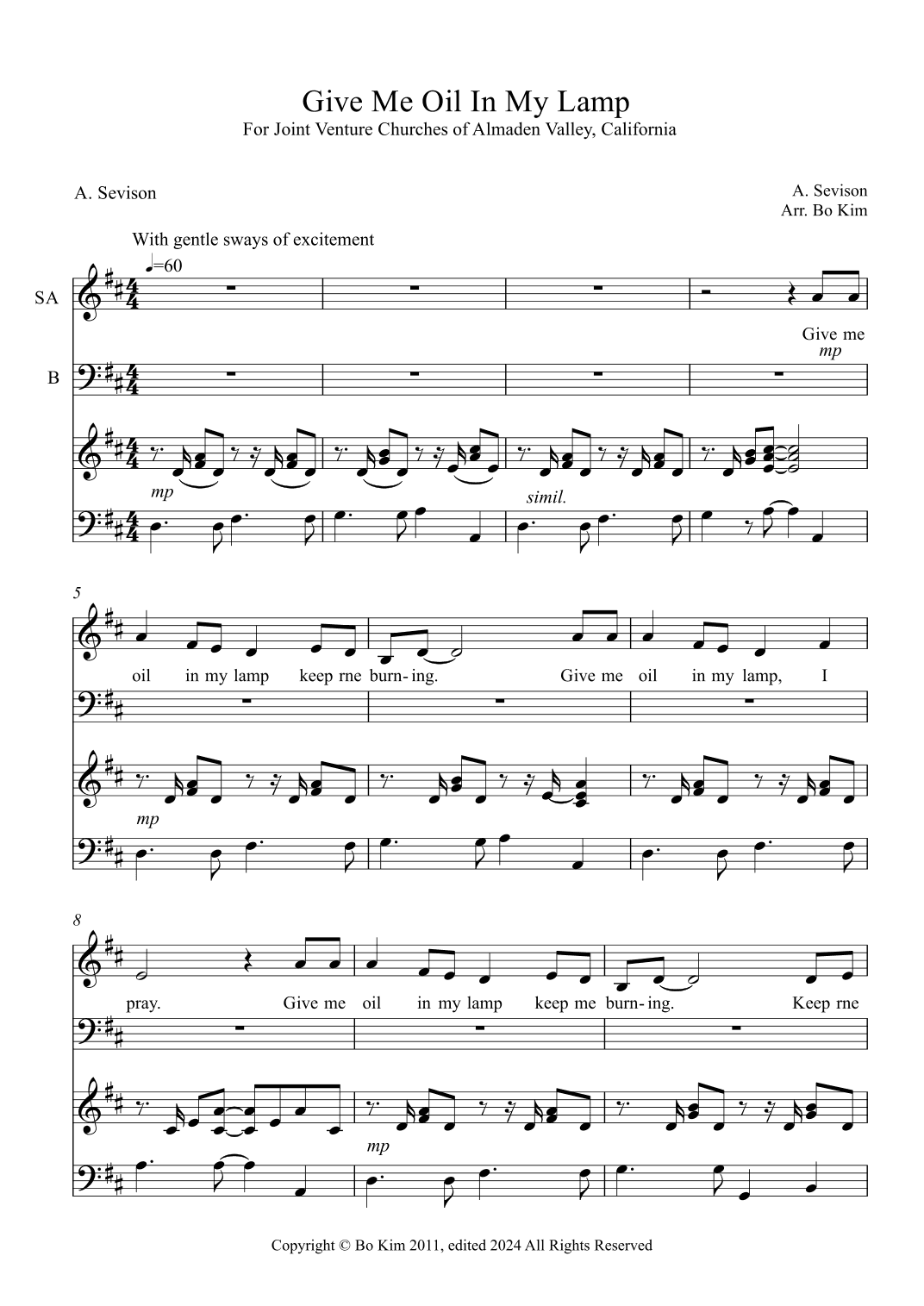 Give Me Oil In My Lamp (arr. Bo Kim)