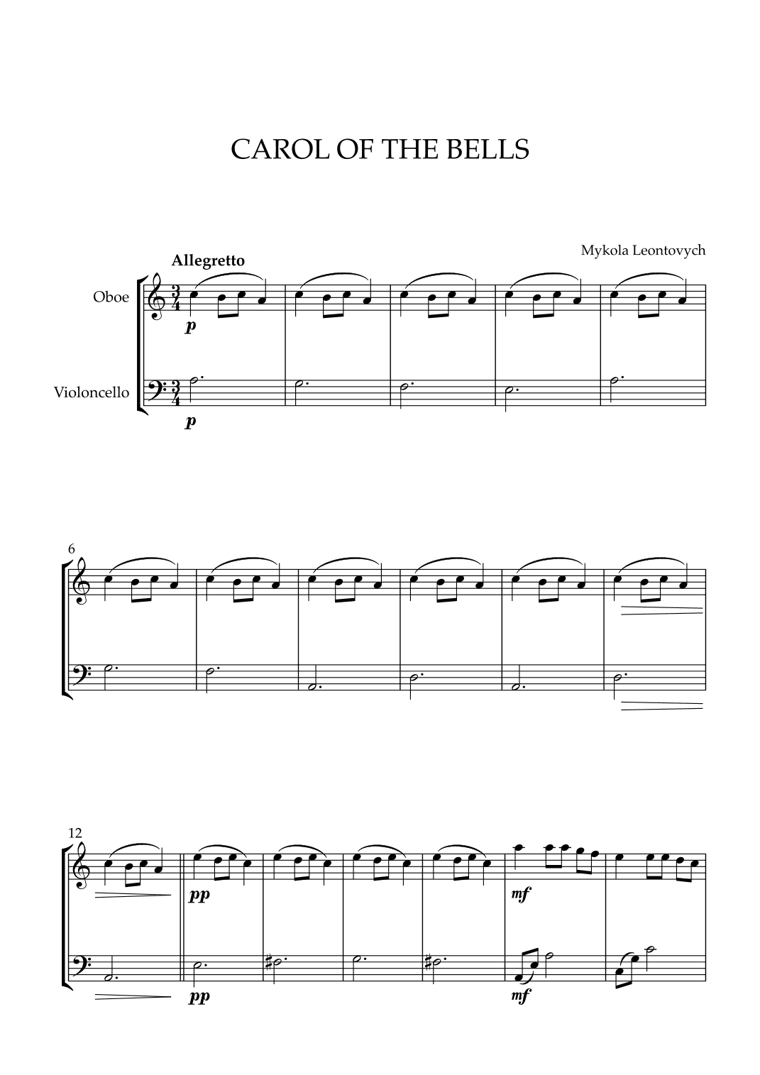 Mykola Leontovych - Carol of The Bells (for Oboe and Cello) (arr. Cadenza Editions)