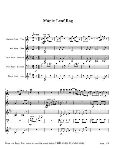 Maple Leaf Rag by Scott Joplin for Woodwind Quartet in Schools (arr. Joseph Judge)