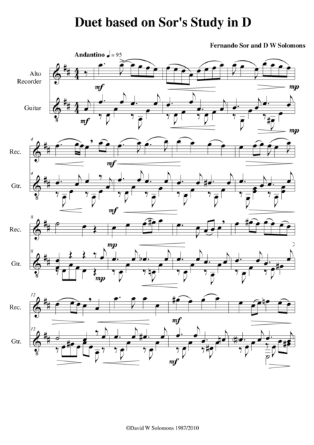Study in D for guitar with added tune for alto recorder (arr. David Warin Solomons)