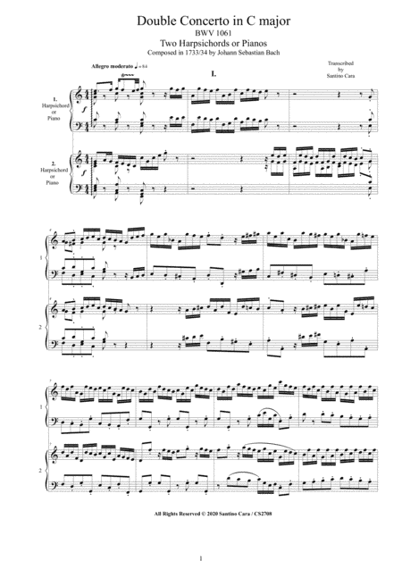Bach - Double Concerto in C major BWV 1061 for Two Harpsichords or Pianos (Score-Parts) (arr. Santino Cara)