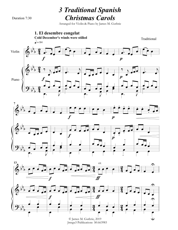 3 Traditional Spanish Christmas Carols for Violin & Piano (arr. James M. Guthrie, ASCAP)
