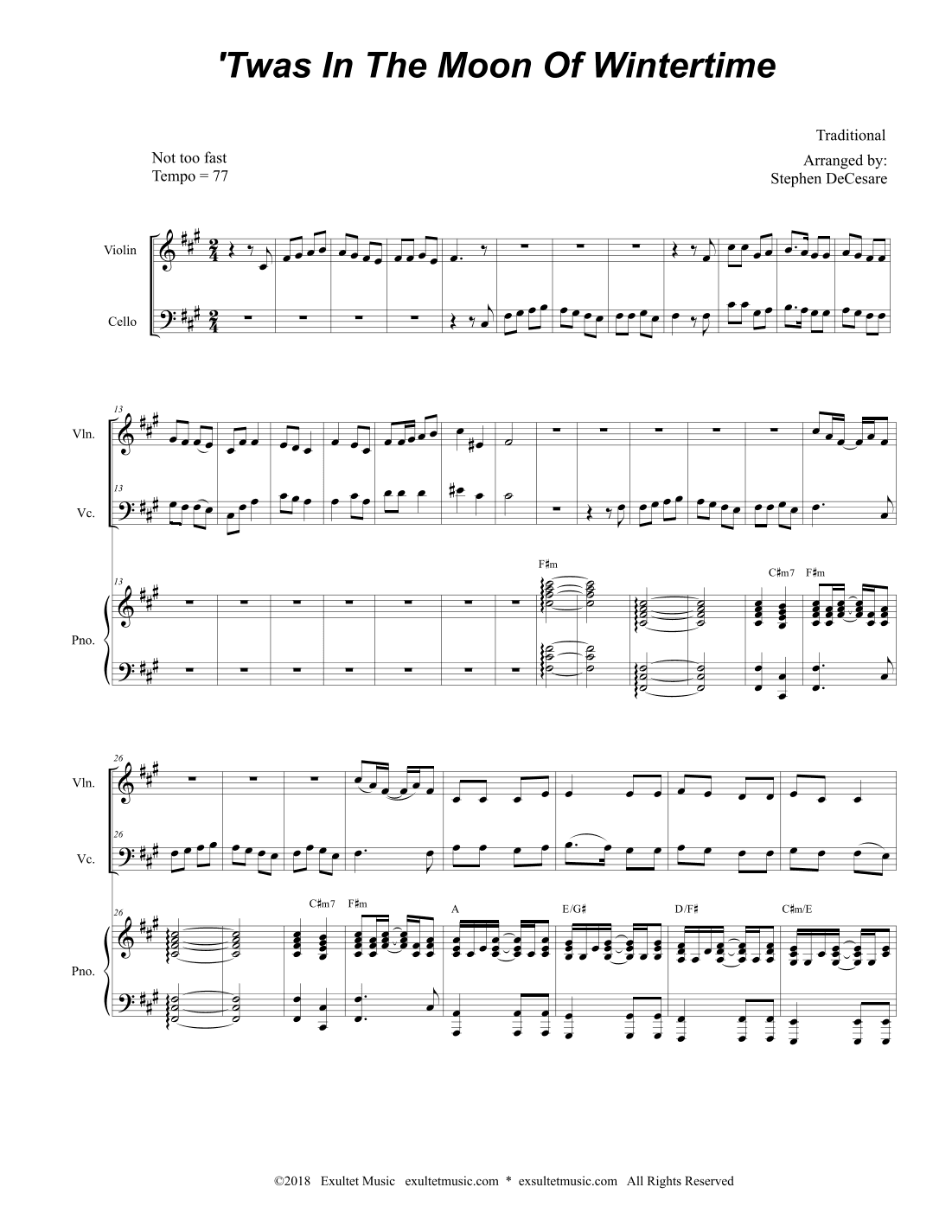 'Twas In The Moon Of Wintertime (Duet for Violin and Cello) (arr. Stephen DeCesare)
