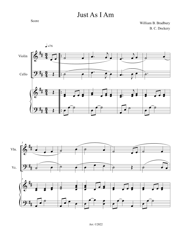 Just As I Am (Violin and Cello Duet with Piano) (arr. B. C. Dockery)