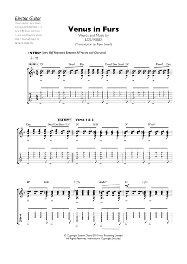 Venus In Furs (arr. Alpin Smart (Transcription for Guitar [TAB]w/chord symbols/lyric sheet)