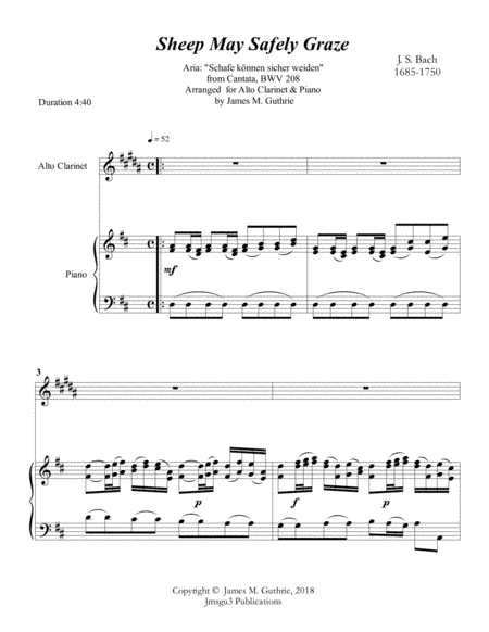 Bach: Sheep May Safely Graze for Alto Clarinet & Piano (arr. James M. Guthrie, ASCAP)