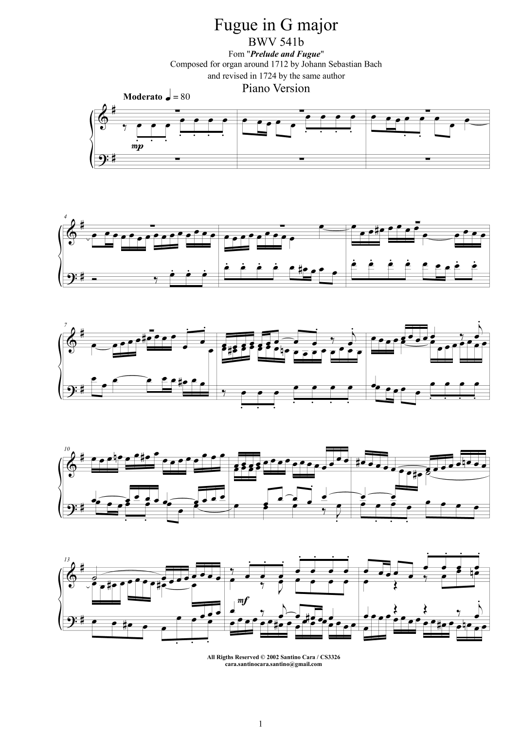 Bach - Fugue in G major BWV 541b - Piano version (arr. Santino Cara)