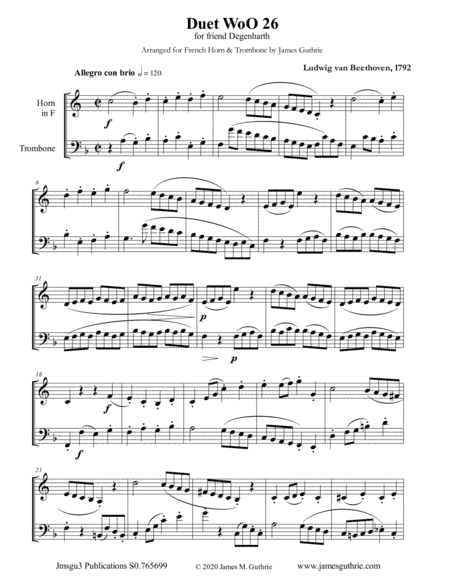 Beethoven: Duet WoO 26 for French Horn & Trombone (arr. James Guthrie, ASCAP)