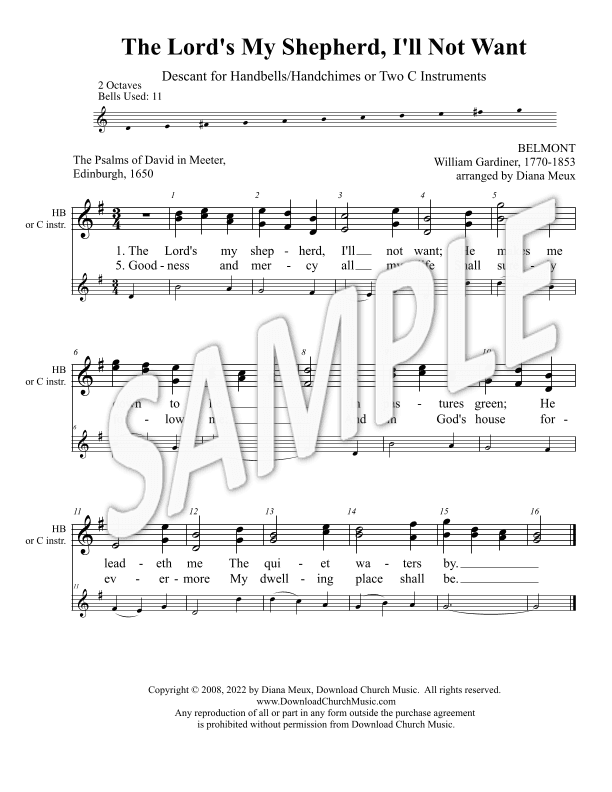 The Lord's My Shepherd, I'll Not Want - Descant for 2 octave Handbells or 2 C instruments (arr. Diana Meux)