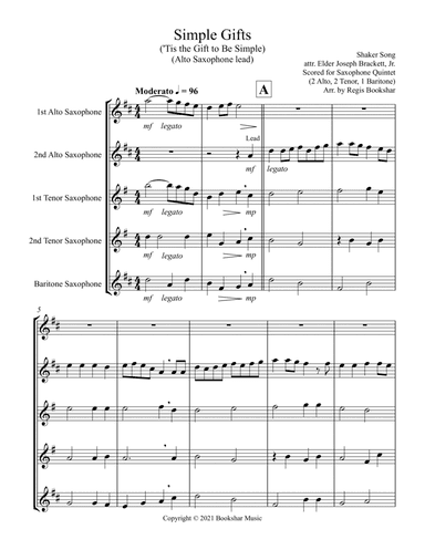 Simple Gifts ('Tis the Gift to Be Simple) (F) (Saxophone Quintet - 2 Alto, 2 Tenor, 1 Bari) (Alto le (arr. Regis Bookshar)
