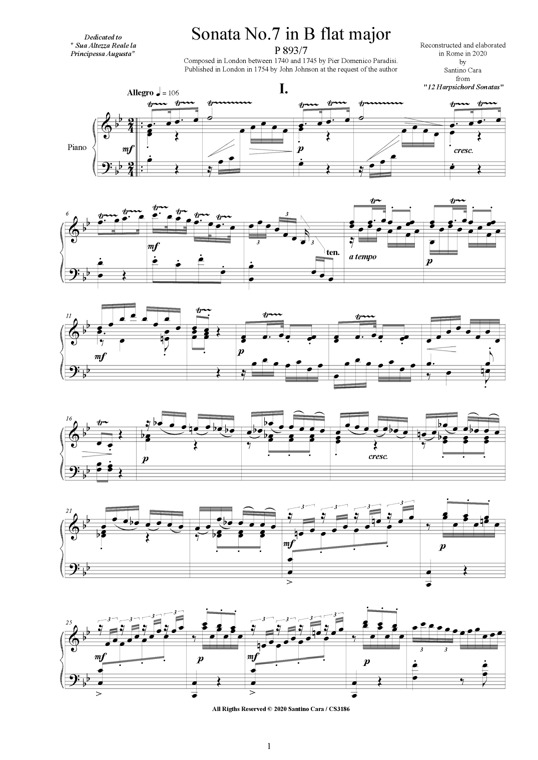 Paradisi - Piano Sonata No.7 in B flat major, P893-7 (arr. Santino Cara)