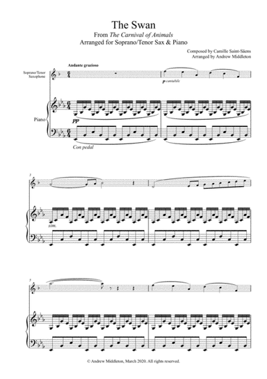 The Swan from The Carnival of Animals arranged for Tenor Saxophone and Piano (arr. Andrew Middleton)