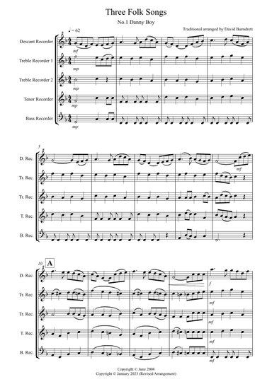 3 Folk Songs for Recorder Quintet (arr. David Burndrett)