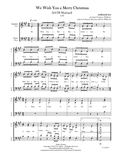 We Wish You a Merry Christmas [SATB madrigal] (arr. Patrick Sheehan)