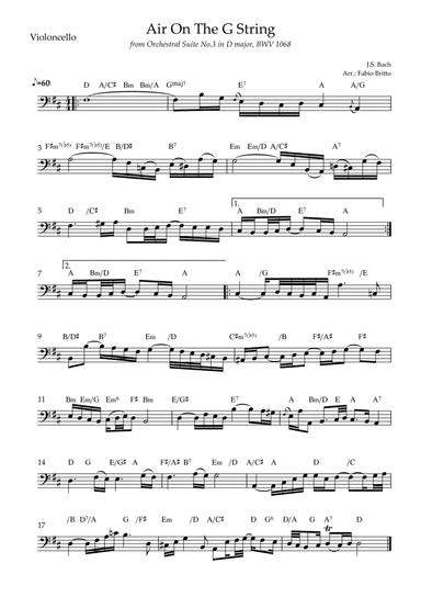 Air On The G String (J.S. Bach) for Cello Solo with Chords (arr. Fabio Britto)