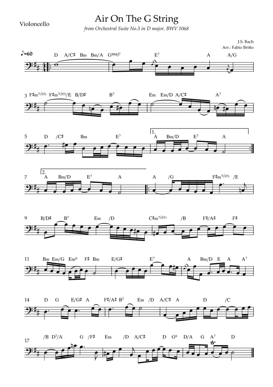 Air On The G String (J.S. Bach) for Cello Solo with Chords (arr. Fabio Britto)