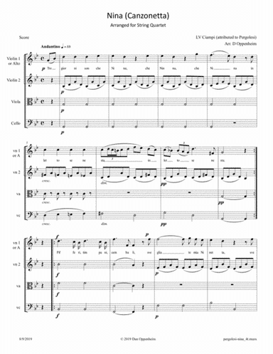 Pergolesi: Nina - Canzonetta arranged for String Quartet or Voice and String Trio (arr. D Oppenheim)