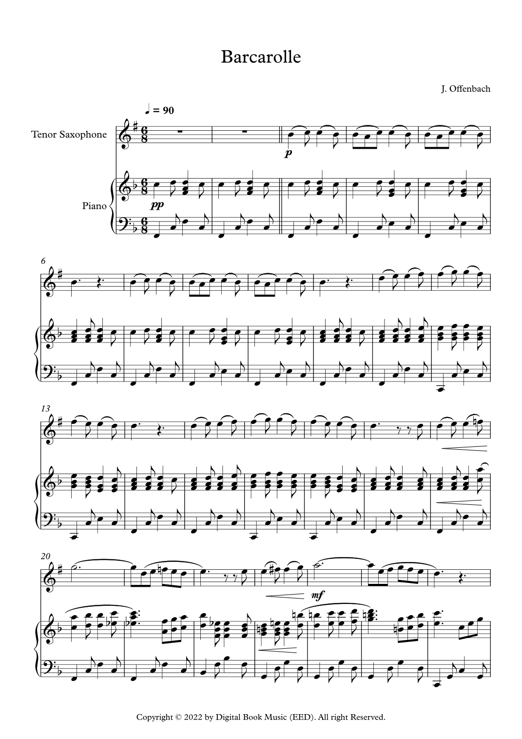Barcarolle - Jacques Offenbach (Tenor Sax + Piano) (arr. Digital Book Music)