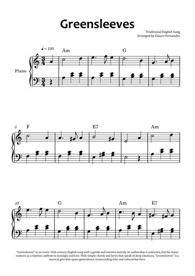 Greensleeves - Easy Piano with Chord Charts (arr. Glauco Fernandes)