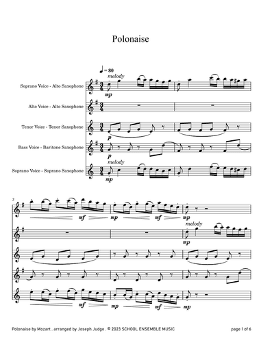Polonaise by Mozart for Saxophone Quartet in Schools (arr. Joseph Judge)