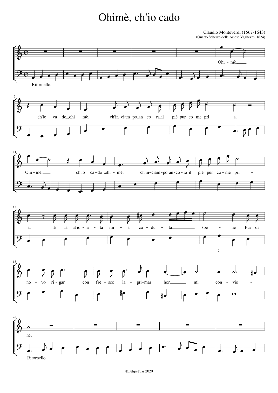Ohimè ch'io cado (arr. Early Music Scores)