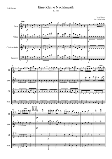 Eine kleine Nachtmusik (W.A. Mozart) for Woodwind Quartet (Simplified) (arr. Fabio Britto)