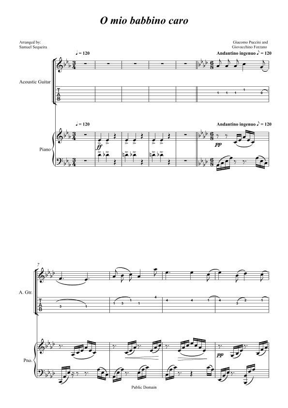O mio babbino caro - for Guitar (TAB) and Piano accompaniment - orchestral play along (arr. Samuel Sequeira)