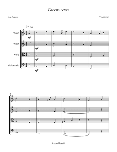 greensleeves string quartet arrangement sheet music (arr. Arezzo Music)