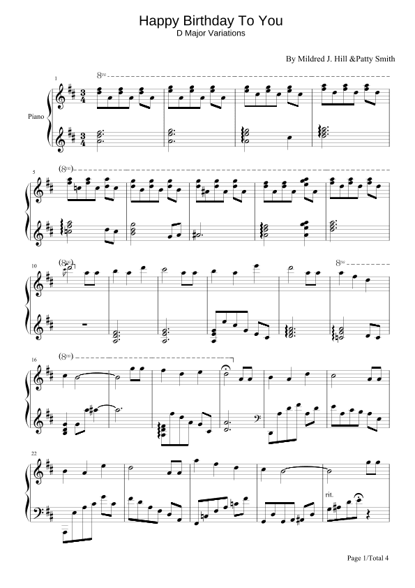 Happy Birthday To You,D Major Variations,Piano Solo Sheet (arr. poon)