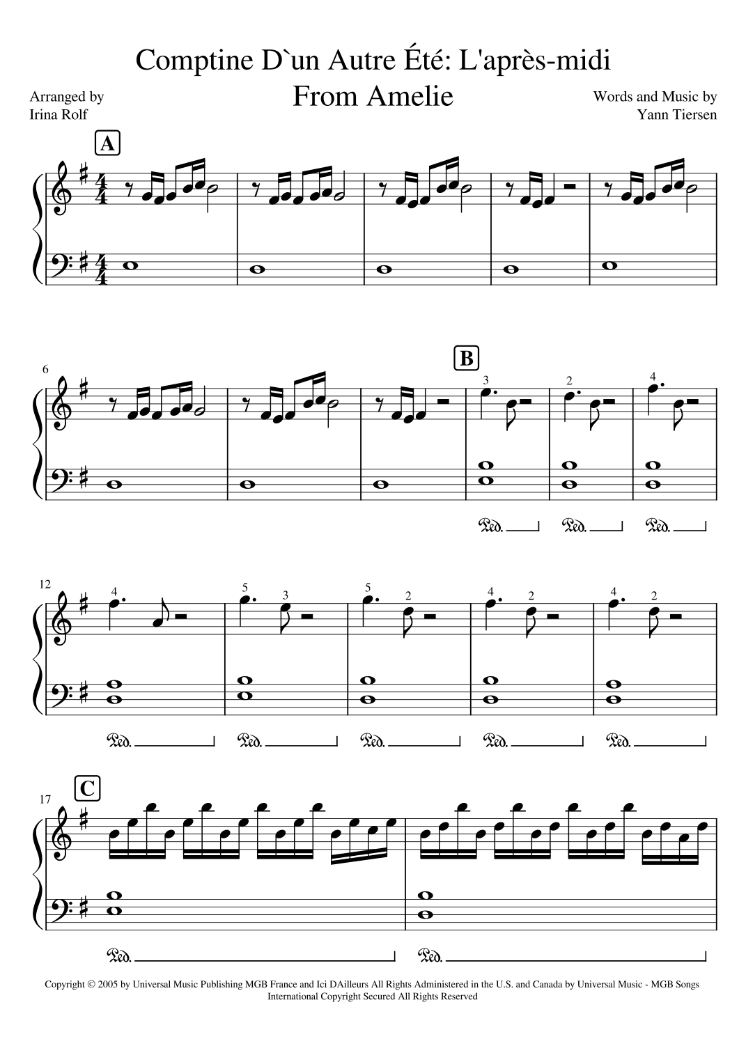 Comptine D'un Autre Été: L'après-midi (arr. Irina Rolf)