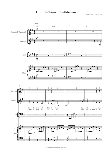 O Little Town of Bethlehem - SSAA Cello and Piano (arr. Connie Boss)