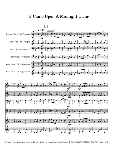 It Came Upon A Midnight Clear for Brass Quartet in Schools (arr. Joseph Judge)