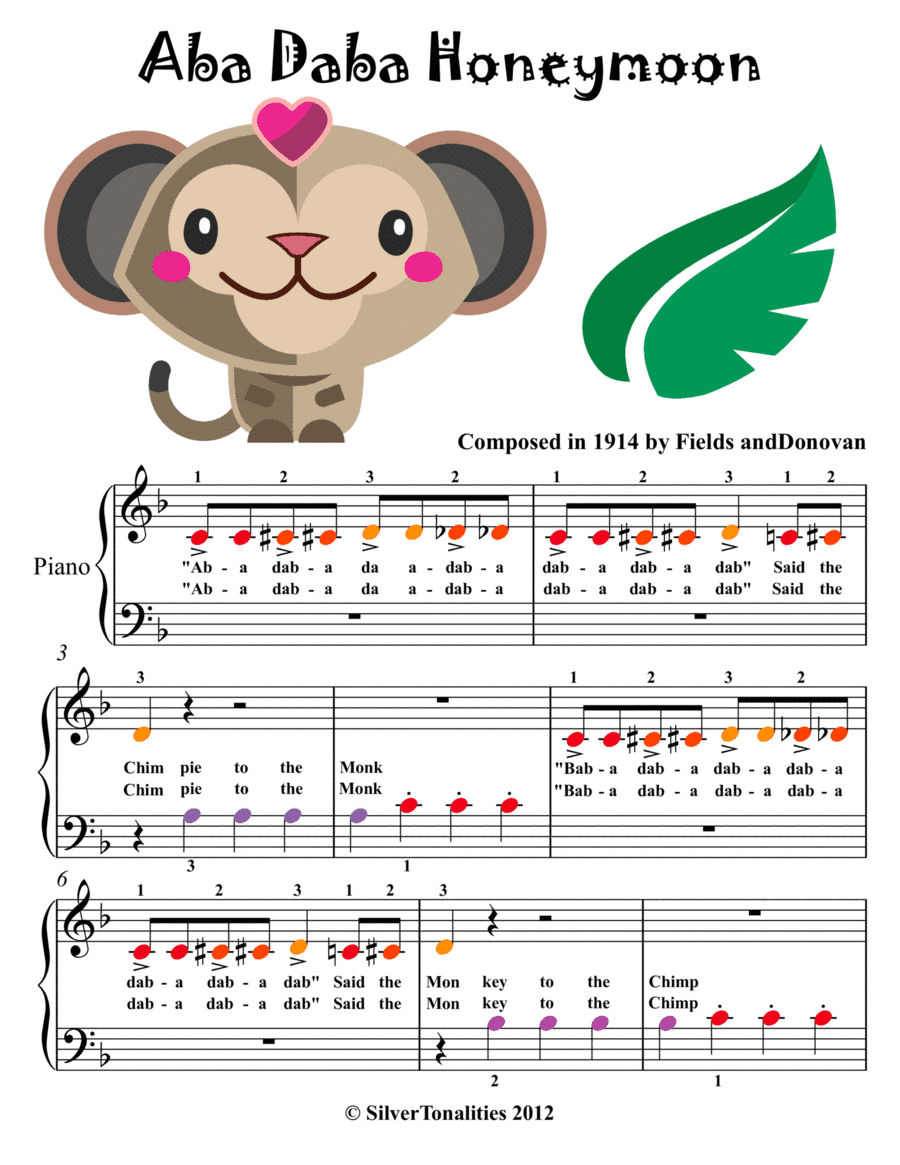 Aba Daba Honeymoon Beginner Piano with Colored Notes (arr. SilverTonalities)