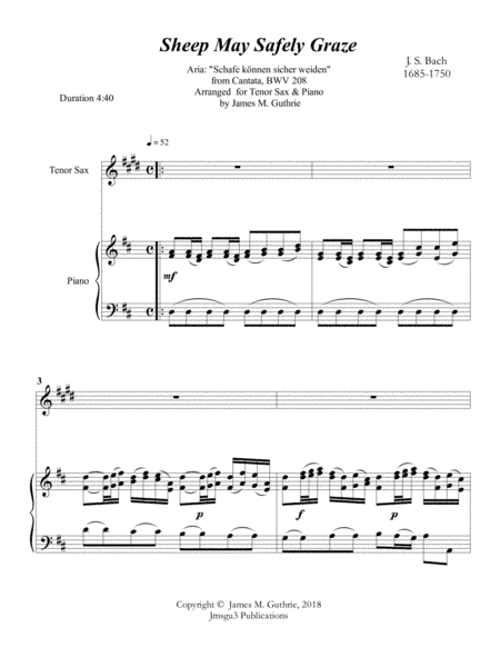 Bach: Sheep May Safely Graze for Tenor Sax & Piano (arr. James M. Guthrie, ASCAP)