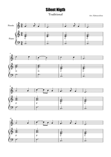 Piccolo Sheet Music for Christmas Song "Silent Nigth" to Beginners/Intermediate ( with Piano Accompa (arr. Edmarcelino)
