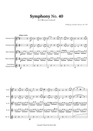 Symphony No. 40 by Mozart for Clarinet Ensemble Quintet (arr. Ander)