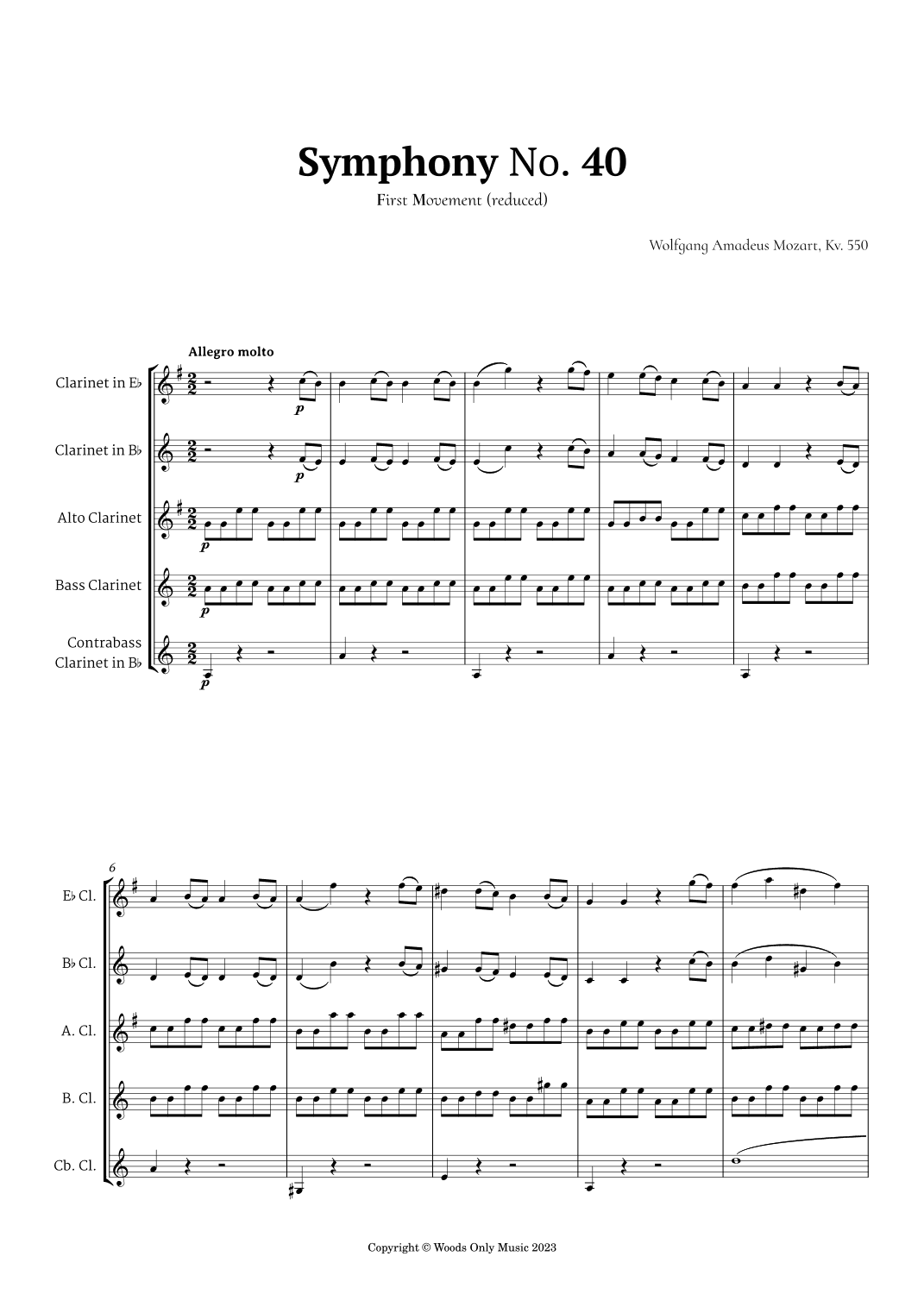 Symphony No. 40 by Mozart for Clarinet Ensemble Quintet (arr. Ander)
