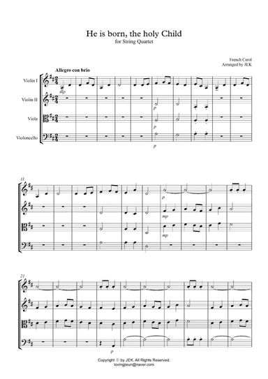 HYMN FOR STRING QUARTET - He is born, the holy Child (arr. JEK)