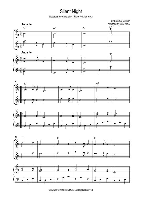Silent Night (Stille Nacht) Recorder duet (Soprano, Alto) and Piano (arr. Vitor Melo)