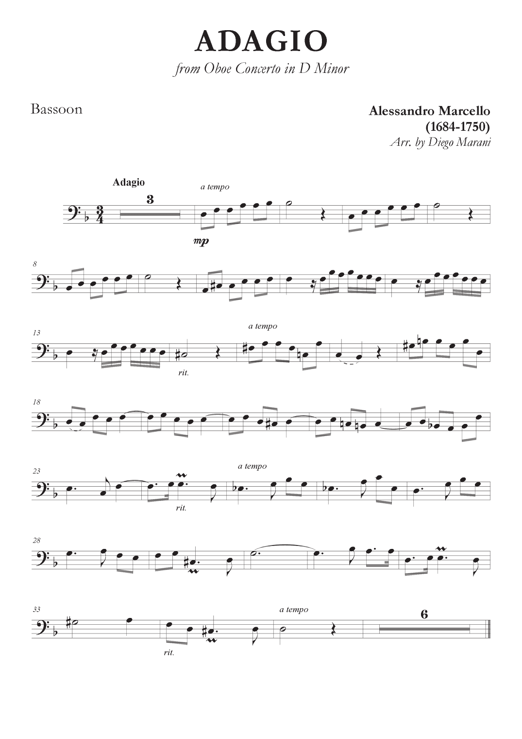 Marcello's Adagio for Bassoon and Piano (arr. Diego Marani)