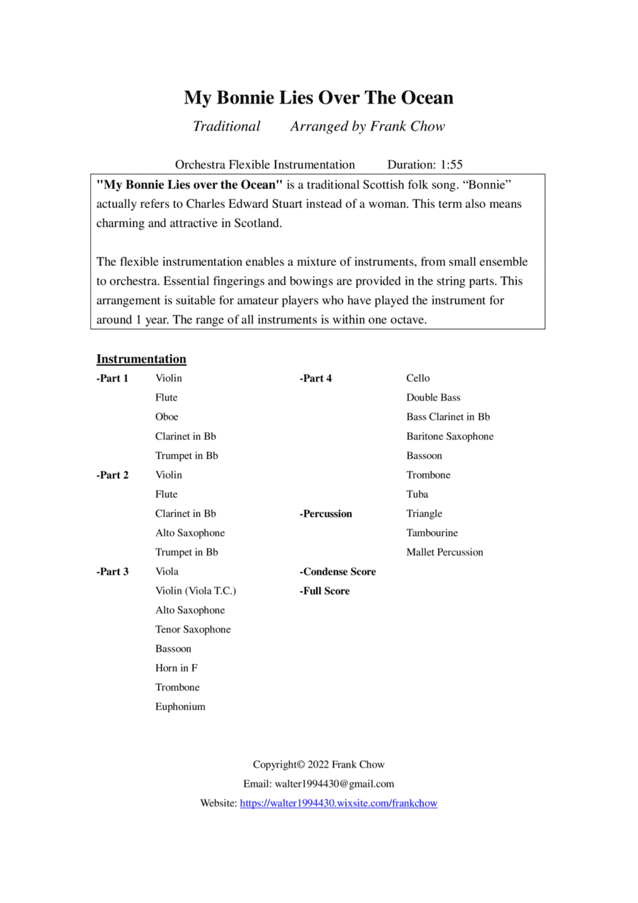 My Bonnie Lies Over The Ocean (Orchestra/ Concert Band Flexible Instrumentation) (arr. Frank Chow)